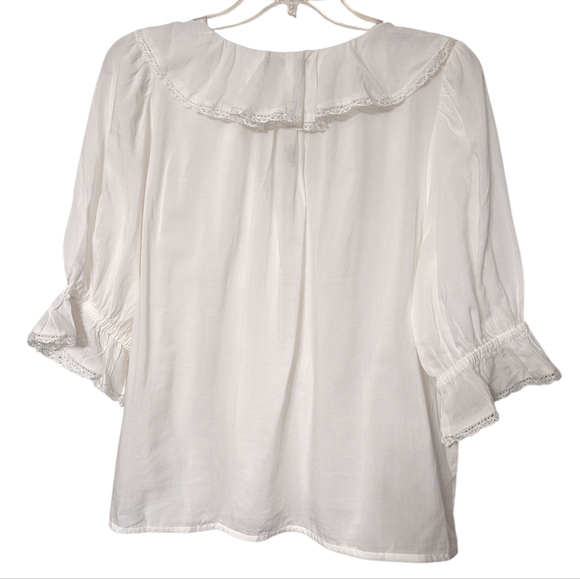 Madewell White Pintucked Ruffled V-Neck Puff-Sleeve Button Front Top Size Large - Picture 5 of 12